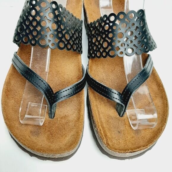 SONIA C. Italy Cork Low Wedge Heel Sandal Thong Sandal Black Geo Circle Sz 8 - Picture 5 of 12